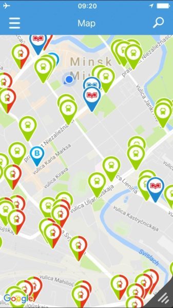Map of Minsk with buses and metros pinned on it on the MinskRoutes app.