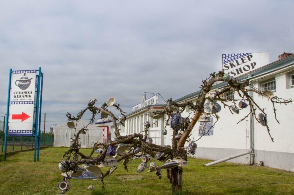 Polish pottery tree outside a factory shop in Boleslawiec.