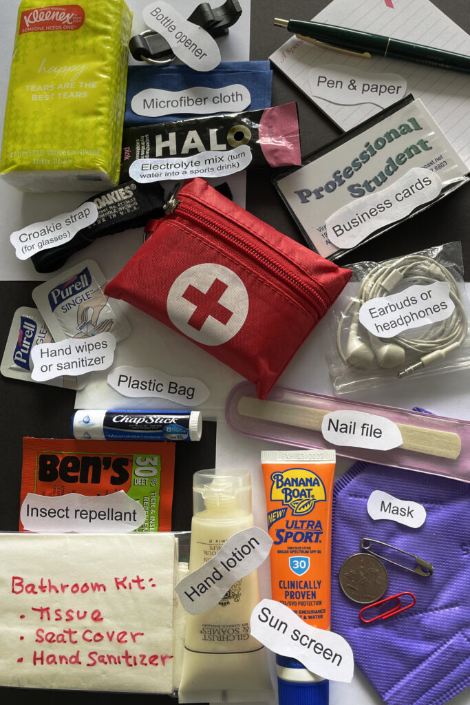 Display of suggested contents for a prepacked Day Trip Essentials kit, which makes organizing a daypack fast and easy.