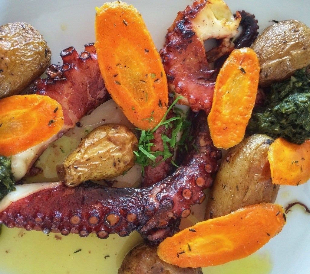 A typical Azores dish, octopus and roasted carrots and potatoes.