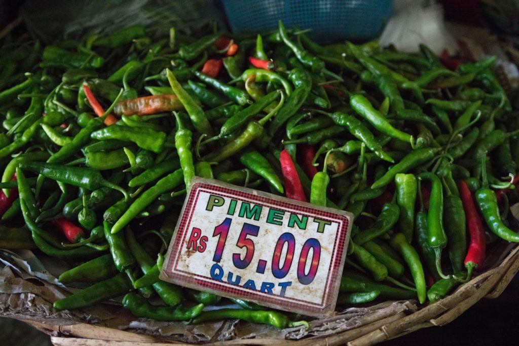 Grown in Mauritius: A basket of peppers for sale.