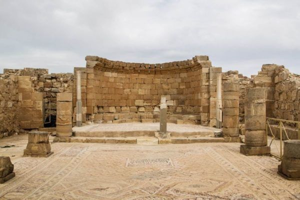 Ancient mosaic floor in front of altar in the ruins at Mamshit National Park, Israel.