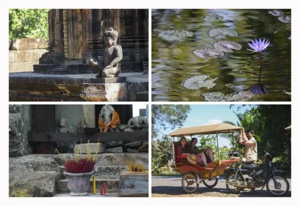 Scenes from Angkor Wat include Buddha statues, water lilies, incense offerings and a tuk tuk ride.