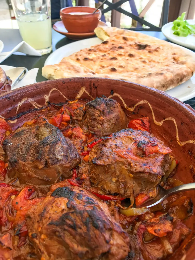 Baked lamb shanks, typical dish from Kosovo.