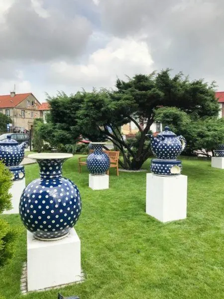 Polish Pottery in the front yard of a factory in Boleslawiec.