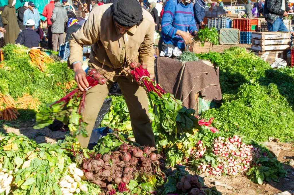 A man buys bunches of red beets with stems so fresh they look like they were just pulled from the ground.