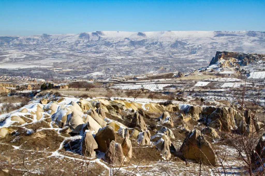 Cappadocia hills with a fresh dusting of snow on the ground.