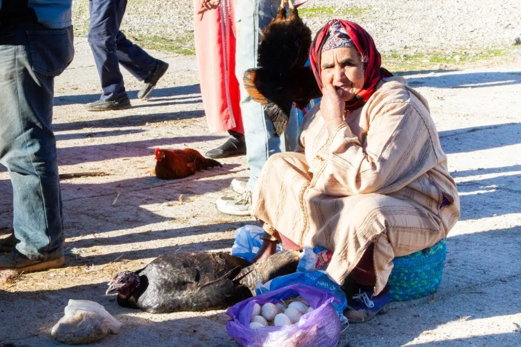 Women selling eggs and a live chicken at the Berber Market.