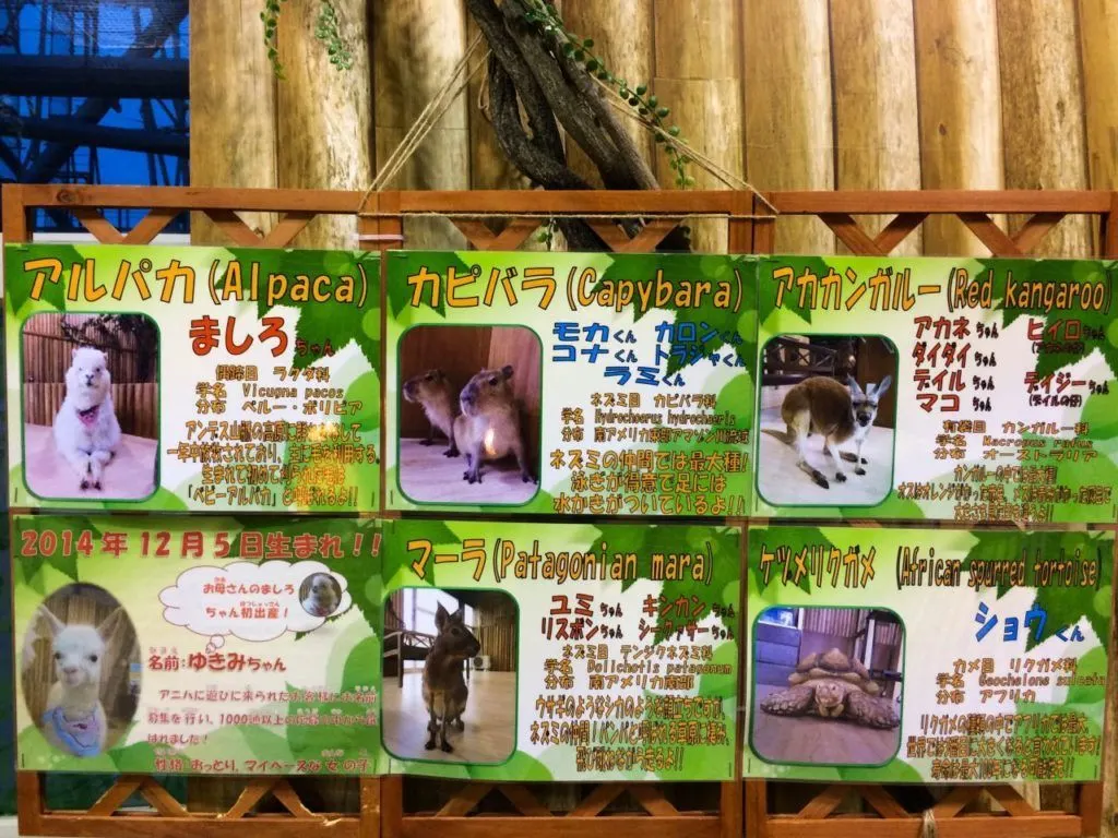 Sign with animals that are in the cafe.