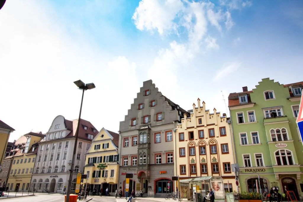 Colorful buildings in the Regensburg Old Town.