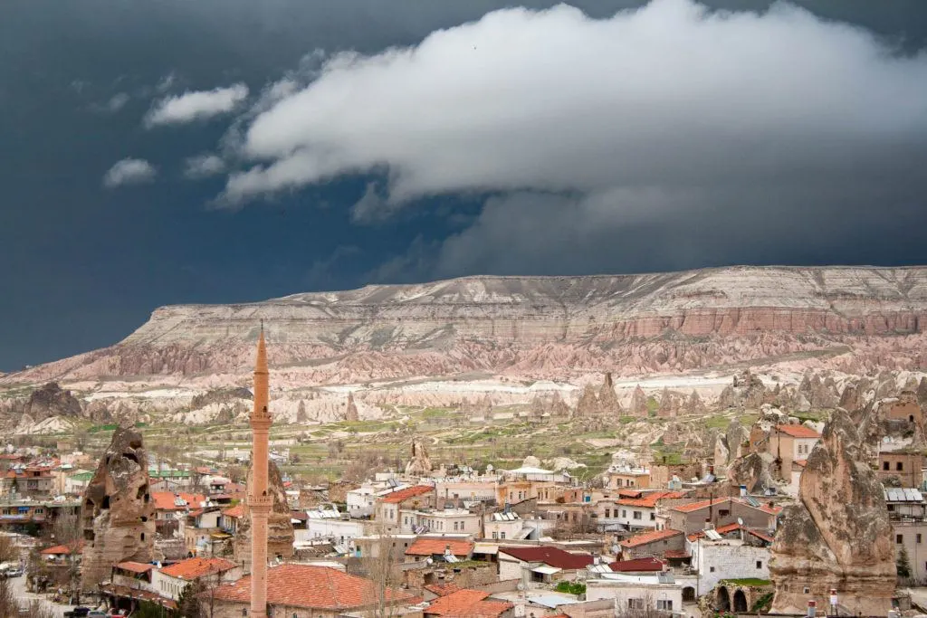 Overlooking the town of Goreme, Turkey and the hills beyond.