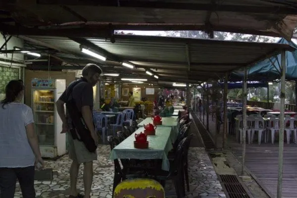 Covered awnings will protect you from sudden downfalls in Brunei's hawker stall centers.