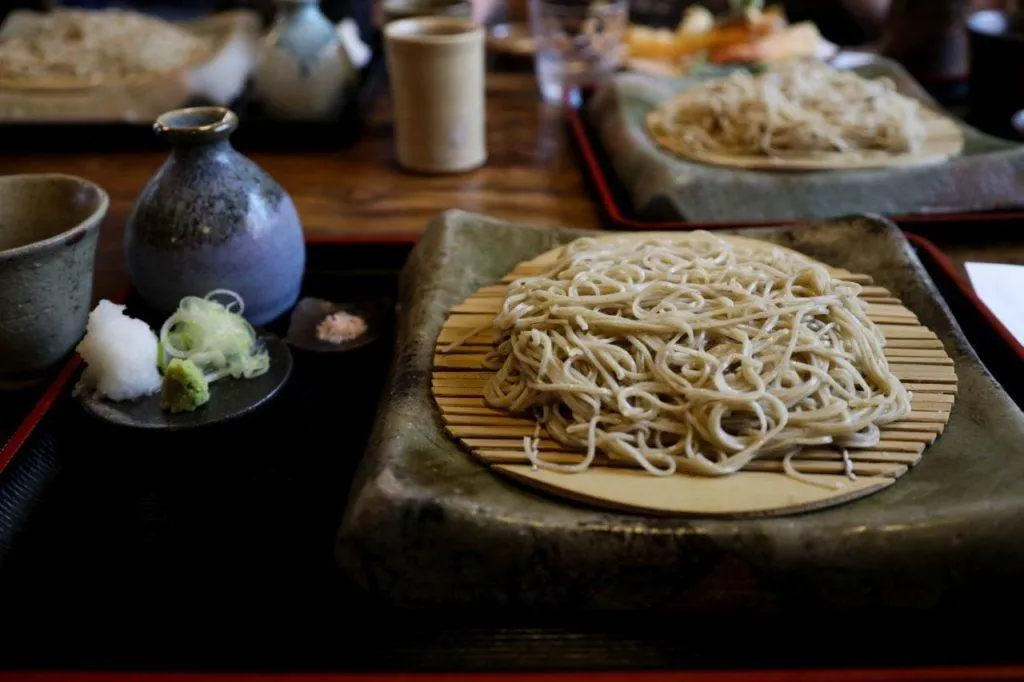 Beautiful soba noodles on stone plates