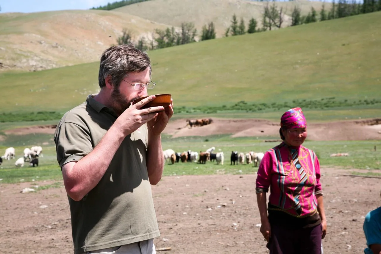 Jim trying out traditional fermented horse's milk - airag.