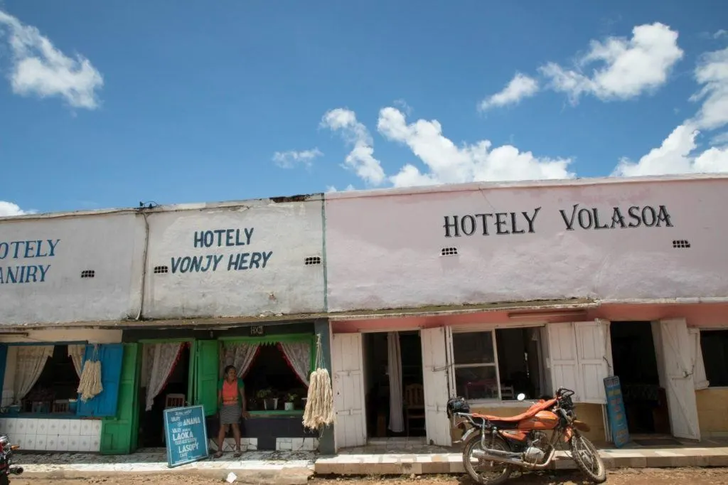 Street with restaurants in a small village along the highway in Madagascar.