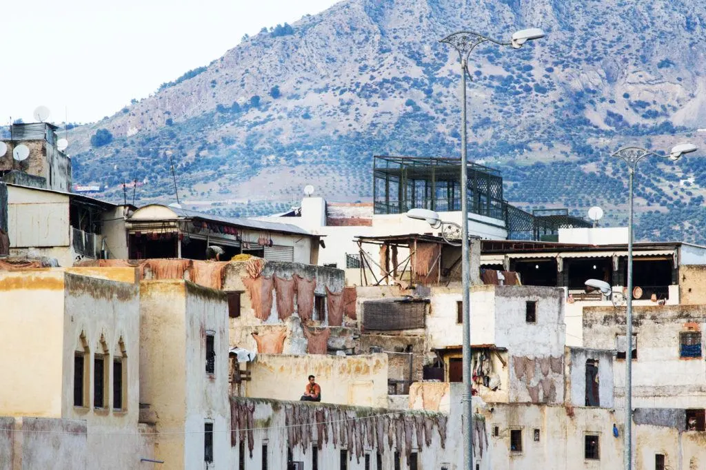 Fez Tanneries are a must see; this one has pelts hanging on walls to dry.