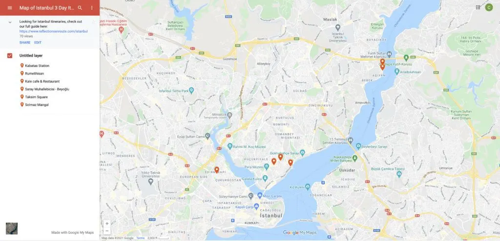 Map of Istanbul itinerary for three days.