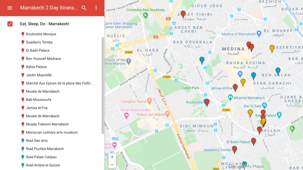 Marrakesh map for 2 day itinerary map with highlights, restaurants and riads.