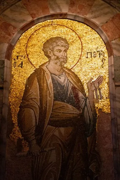 One of the many saints depicted in gold mosaic inside the Chora Church of Istanbul.