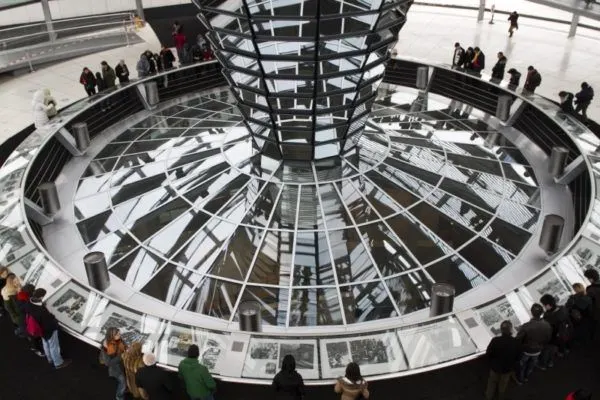 Informational signs around the central dome of the building.