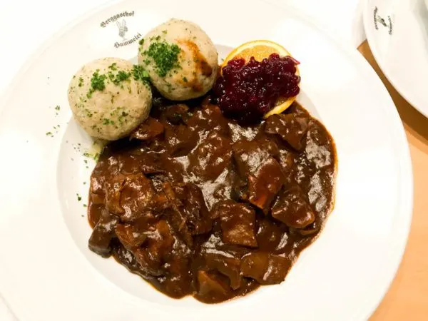 Deer gulasch with bread dumplings.