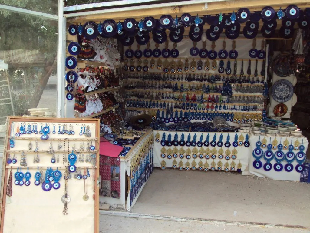 A shop with Turkish evil eye decorations and jewelry for sale.
