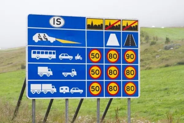 Iceland road sign showing driving speed limits.
