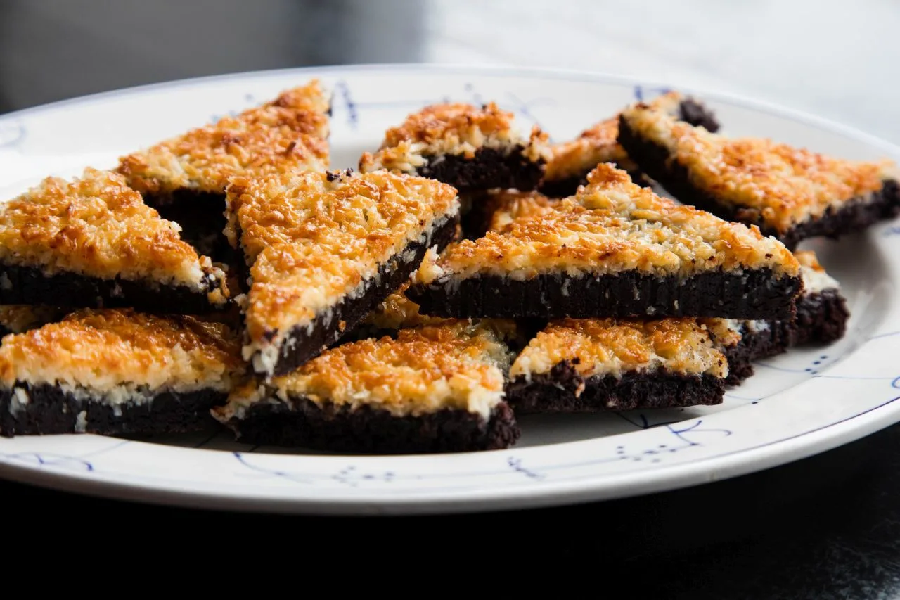 Roasted coconut topped chocolate triangles, another fika specialty.