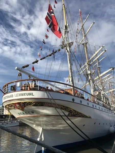 Back of the boat with the Norwegian flag flying, docked in Turku. That was the start of the Tall Ship Race.