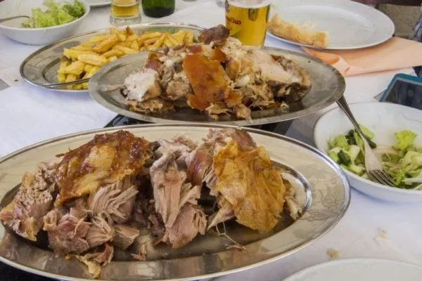 Plateful of roast lamb in Croatia.