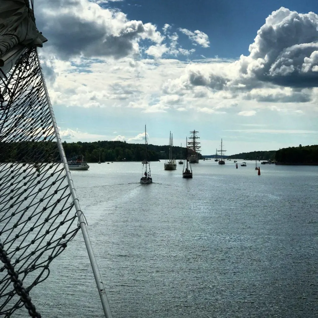 Leaving the harbor, the other tall ships and small boats are behind us.