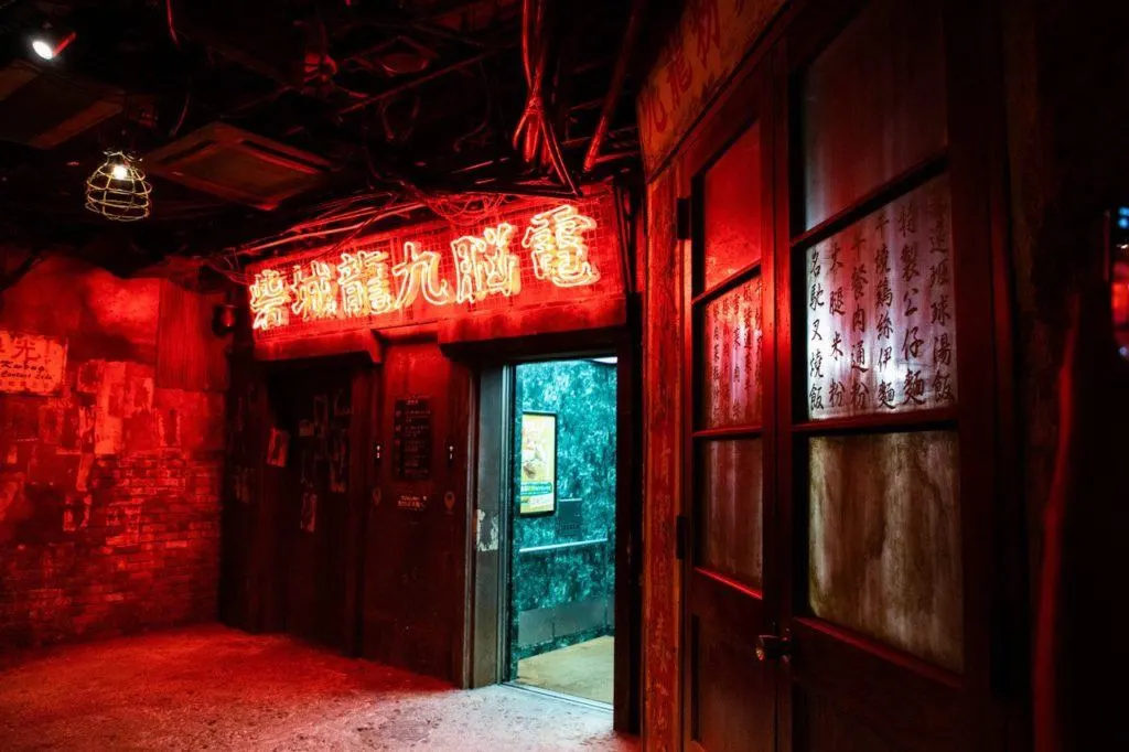 Neon lights Inside the Kawasaki Warehouse Arcade.