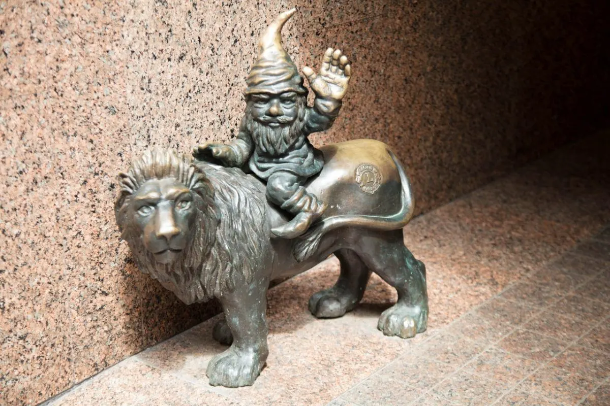 Wroclaw - Gnomes everywhere...this one riding and waving from the back of a lion.