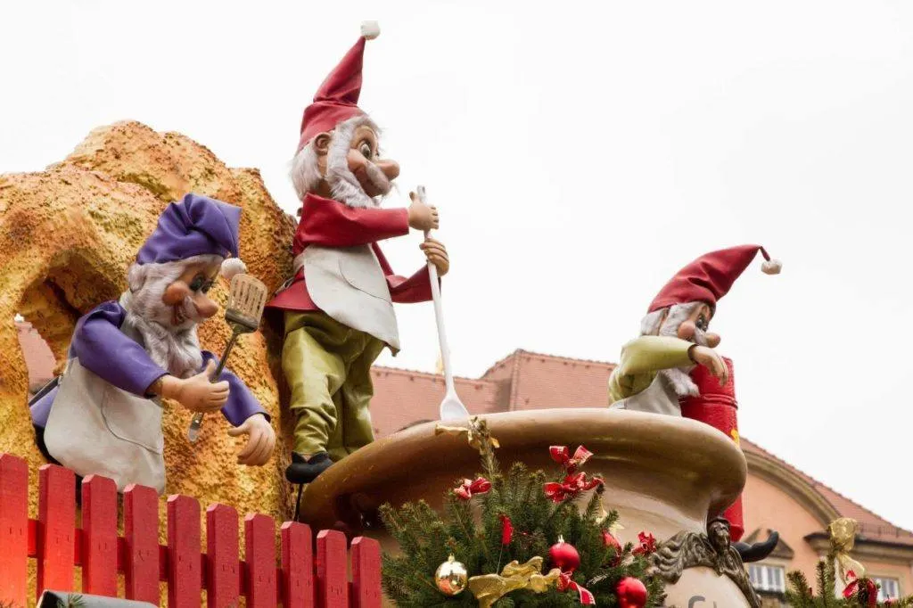 Decorations on top of a Christmas market stall.